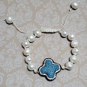 Freshwater Pearl Worthy Handmade Hemp Beaded Bracelet Light Blue Cross D…